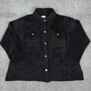 Rachel Zoe Shirt Jacket Women's 2X Black Snap Up Fuzzy Cozy Long Sleeve Layer